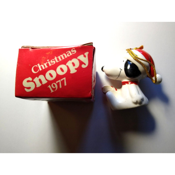 Snoopy Dog Christmas Ornament Peanuts 1977 Porcelain Figure Candy Cane w/ Box #4 - Picture 3 of 5